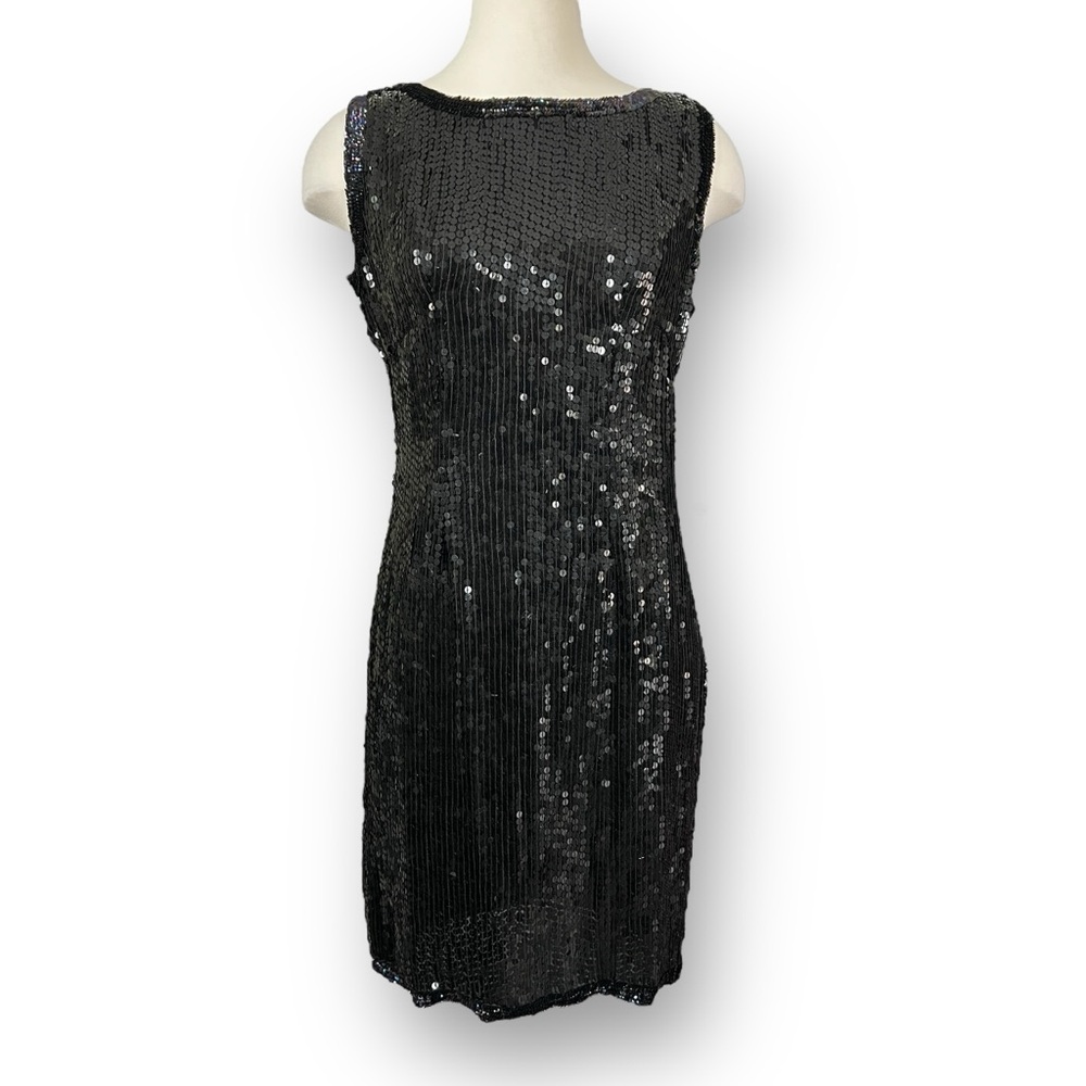Vintage Linsiano 100% Silk Black Seqiun Sleeveless Dress